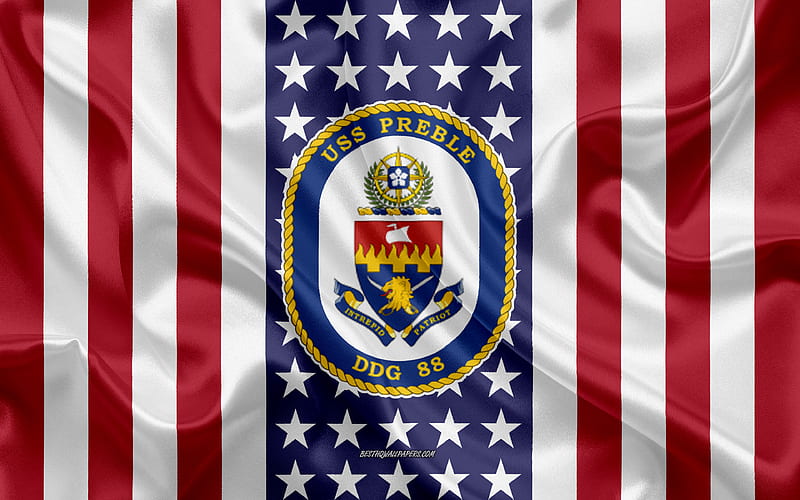USS Preble Emblem, DDG-88, American Flag, US Navy, USA, USS Preble Badge, US warship, Emblem of the USS Preble, HD wallpaper