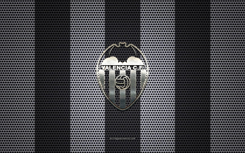 Valencia CF logo, Spanish football club, metal emblem, white and black metal mesh background, Valencia CF, La Liga, Valencia, Spain, football, HD wallpaper
