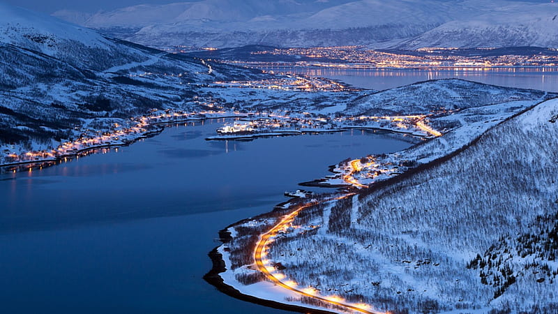 lights of tromso norway on a winter night, mountains, town, lights, harbor, night, winter, HD wallpaper