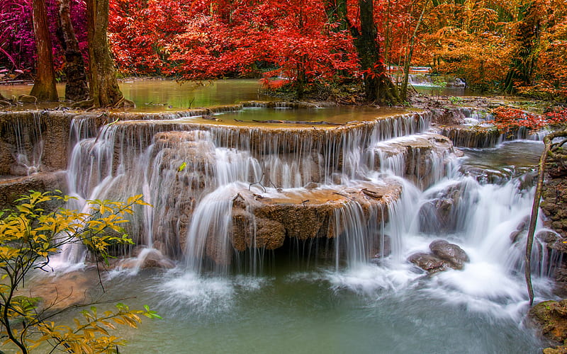 waterfall, autumn, red leaves, red trees, river, autumn forest, HD wallpaper