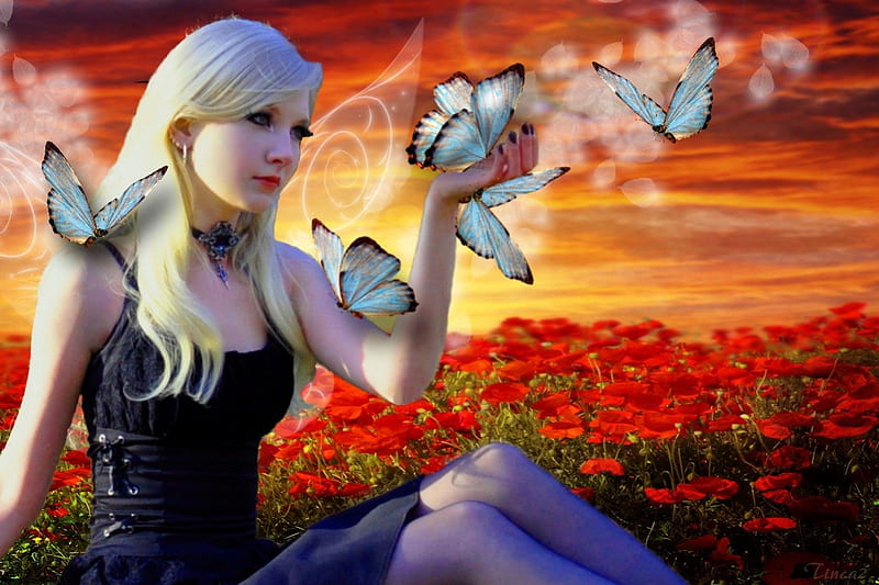 **Butterfly Wings of Summer**, pretty, grass, orange, poppies, clouds, women, sweet, fantasy, flutter, butterfly, splendor, manipulation, love, flowers, wings, lovely, models, sky, trees, cute, flying, awesome, red, colorful, bonito, seasons, digital art, hair, people, fields, girls, magnificent, sharp, gorgeous, animals, female, colors, butterflies, plants, weird things people wear, summer, HD wallpaper