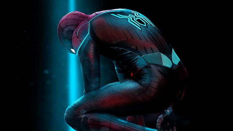 Spider Man Far From Home Spider Man With Background Of Black And Blue Light Rays Spider Man Far From Home, HD wallpaper