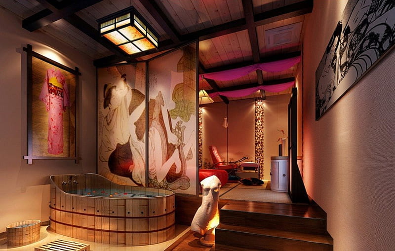 Japanese House, japan, house, japanese, honeymoon, oriental, indoor, bath, kimono, HD wallpaper