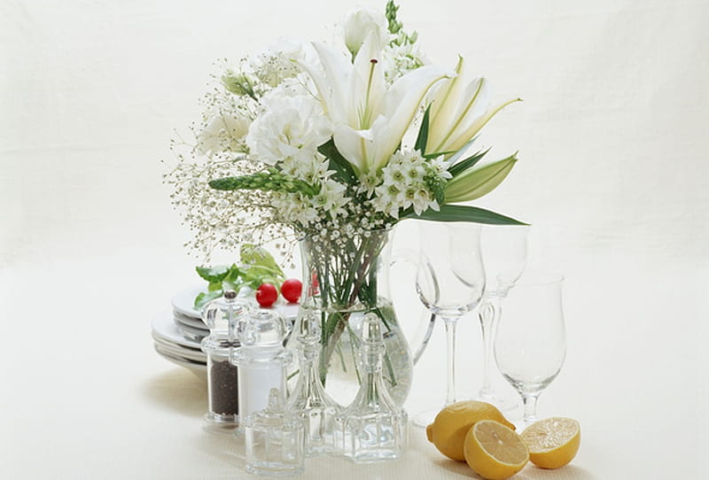Still life, white flowers, dishes, glasses, plates, vase, bonito, salt-cellar, lemon, graphy, water, flowers, beauty, harmony, HD wallpaper