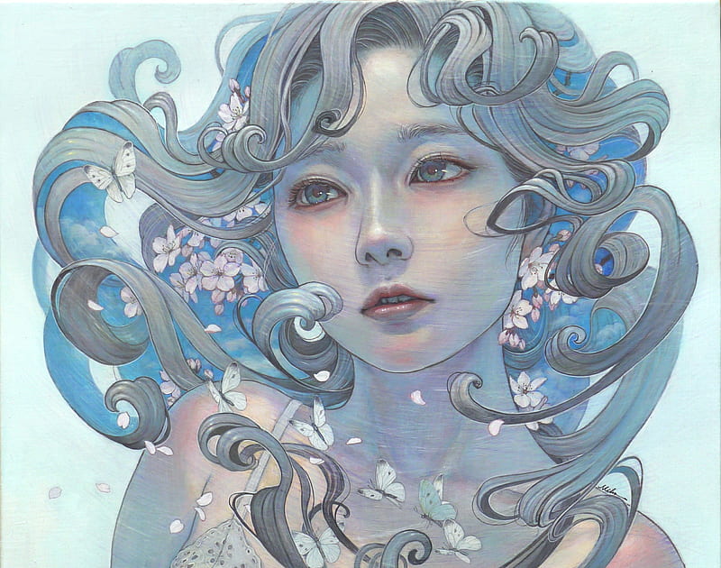 Spring, blue, miho hirano, art, pictura, face, girl, chalk, painting, HD wallpaper