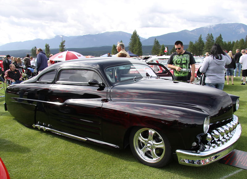 Hot Rods at the Car show 27, grass, Chrome, black, trees, clouds, graphy, green, mountains, Headlights, car, Nickel, HD wallpaper