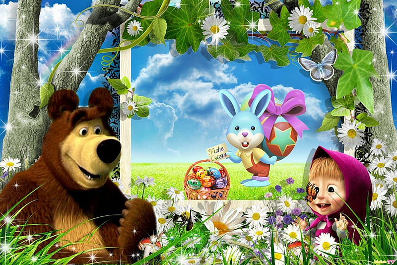 Happy Easter with Masha, Masha and the Bear, Easter, Holiday, Celeabration, HD wallpaper