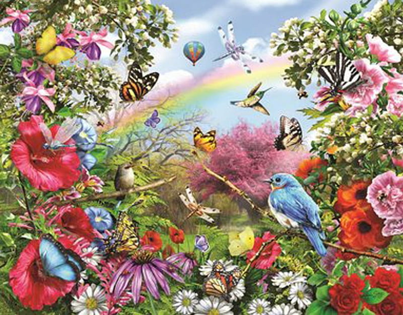 Bluebird Lookout, birds, flowers, adorable, nature, spring, landscape, HD wallpaper