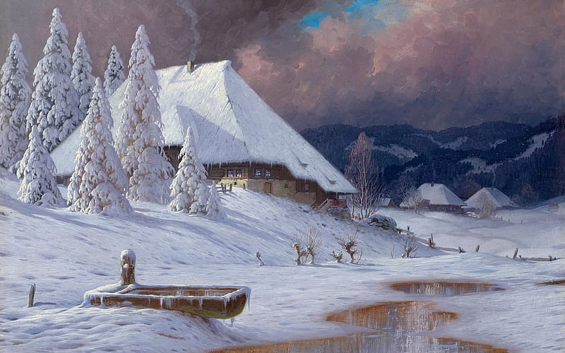 Winter landscape with thunderstorm, cloud, house, boat, karl hauptmann, painting, winter, iarna, art, thunderstorm, landscape, HD wallpaper