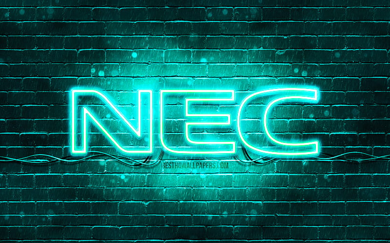 NEC turquoise logo turquoise brickwall, NEC logo, brands, NEC neon logo, NEC, HD wallpaper