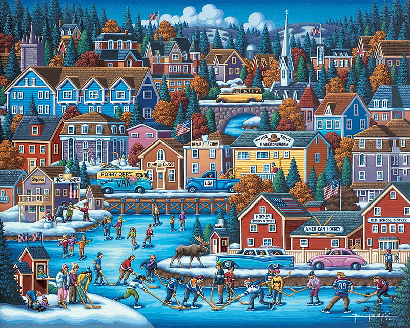 American Hockey, painting, eric dowdle, pictura, iarna, blue, winter, HD wallpaper