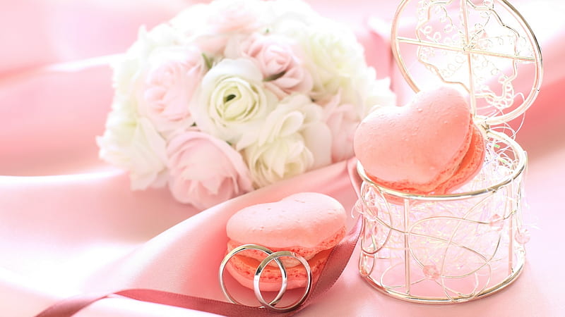 Wedding Day, macaroons, bouquet, pink, flowers, white, roses, HD wallpaper