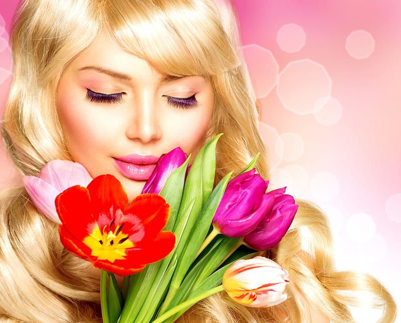 Beauty, female, woman, girl, flowers, tulips, face, lady, eyes, tulip, HD wallpaper