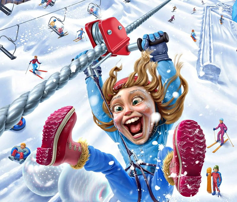 Winter fun, red, art, luminos, caricature, oscar ramos, girl, snow, people, child, funny, white, pink, blue, HD wallpaper