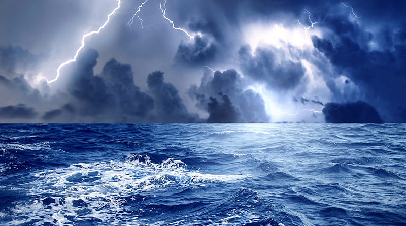exciting storm at sea, storm clouds, waves, lightning, sea, HD wallpaper