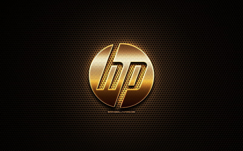 HP glitter logo, Hewlett-Packard, metal grid background, HP 3D logo, brands, HP, HD wallpaper