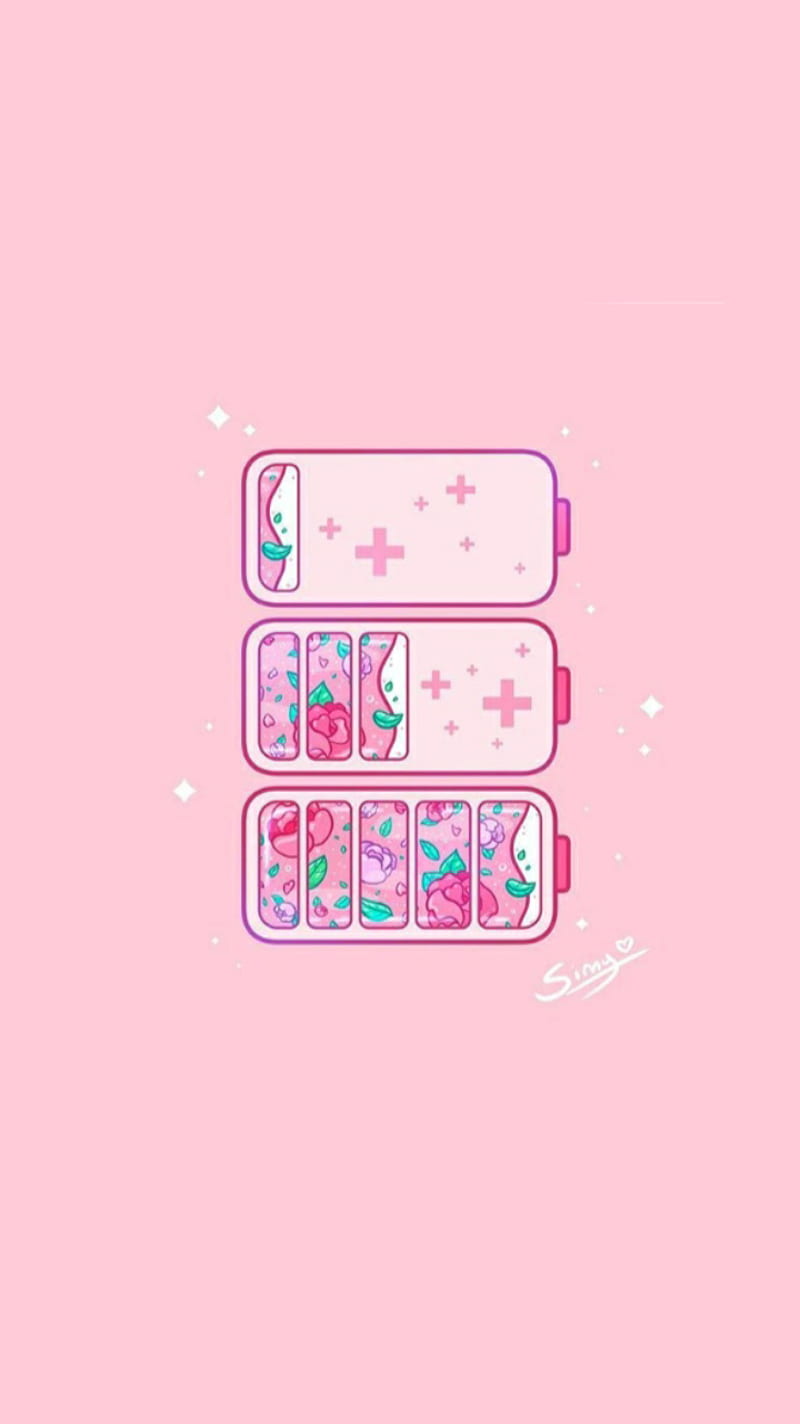 Kawaii, battery, flowers, pink, HD phone wallpaper