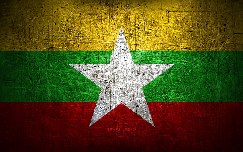 Myanmar metal flag, grunge art, asian countries, Day of Myanmar, national symbols, Myanmar flag, metal flags, Flag of Myanmar, Asia, Myanmar, HD wallpaper