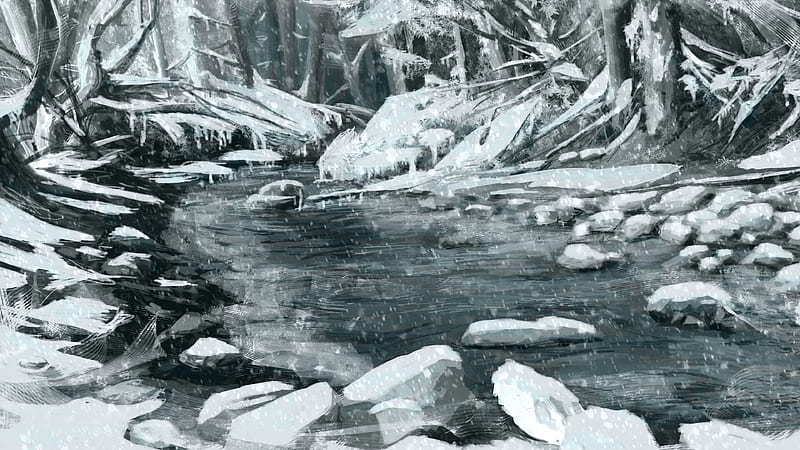river, snow, trees, stones, winter, art, HD wallpaper