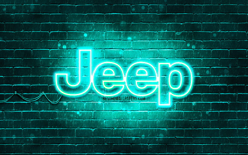 Jeep turquoise logo turquoise brickwall, Jeep logo, cars brands, Jeep neon logo, Jeep, HD wallpaper
