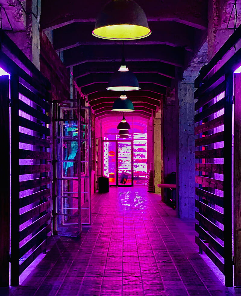 room, lamps, neon, glow, purple, HD phone wallpaper