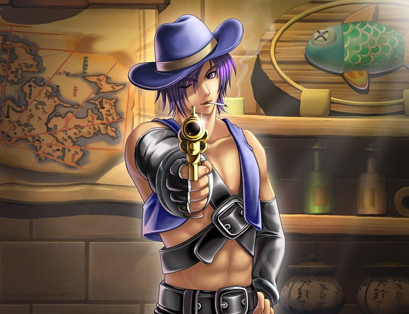 I am too bored, I will play with U, guy, game, piostol, close up, pointing, gun, mmorpg, hot, weapon, purple eyes, male, online, purple hair, sexy, hat, wonderland online, short hair, cute, point, boy, cool, cowboy, HD wallpaper