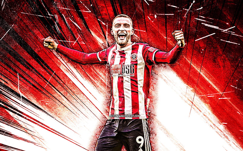 Oliver McBurnie, grunge art, Sheffield United FC, Premier League, English footballers, Oliver Robert McBurnie, red abstract rays, soccer, football, Oliver McBurnie Sheffield United, HD wallpaper