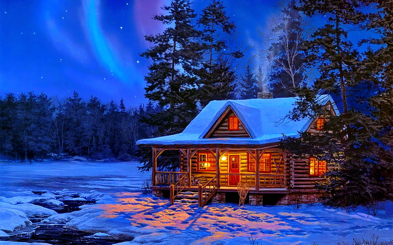 Snowy cabin, art, cottage, dusk, bonito, cabin, twilight, lights, winter, cold, snow, painting, evening, night, frost, HD wallpaper