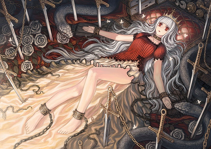 Sacrifice, dress, rose, white hair, evil, serpant, eerie, horror, floral, creepy, scare, blade, anime, royalty, scary, animee girl, weapon, tiara, long hair, sword, chain, female, lying, gown, chained, girl, crown, flower, silver hair, sinister, snake, red eyes, HD wallpaper