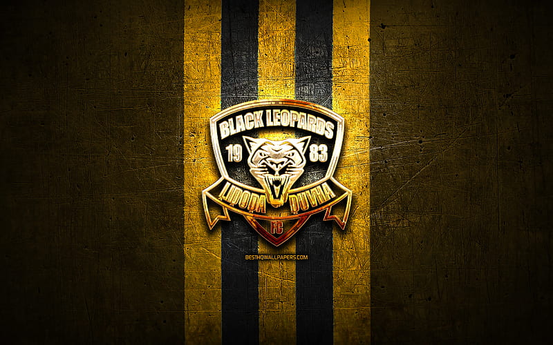 Black Leopards FC, golden logo, Premier Soccer League, yellow metal background, football, Black Leopards, PSL, South African football club, Black Leopards logo, soccer, South Africa, HD wallpaper