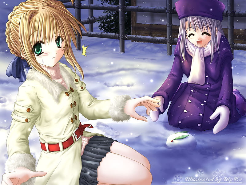 In The Winter Park.., saber, servant, game, play, winter, master, arturia, fate stay night, snow, anime, bunny, ilya, white, HD wallpaper