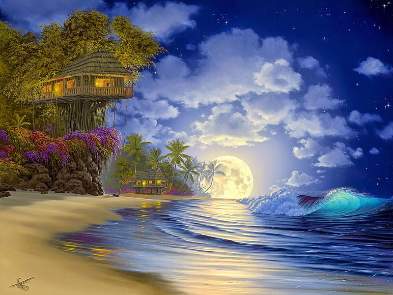 Moonrise, signed, art, cloud, moon, luminos, tree house, sky, beach, moon, painting, summer, pictura, blue, HD wallpaper