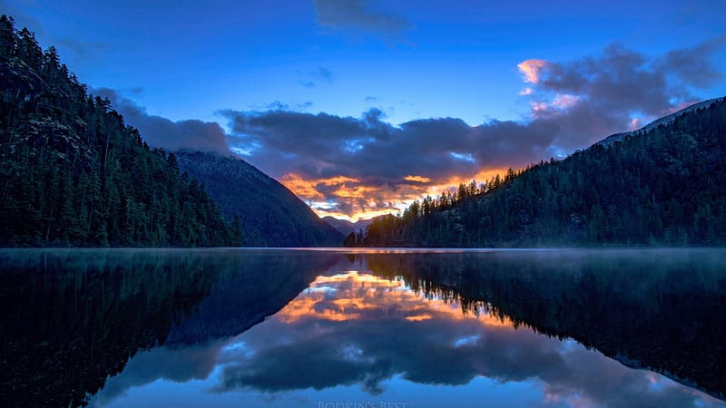 Campsite Lake, British Columbia, reflections, clouds, trees, canada, water, sunset, colors, sky, HD wallpaper