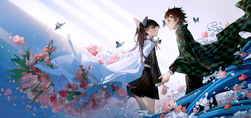 Anime, Demon Slayer: Kimetsu no Yaiba, Boy, Flower, Girl, Kanao Tsuyuri, Tanjirou Kamado, HD wallpaper