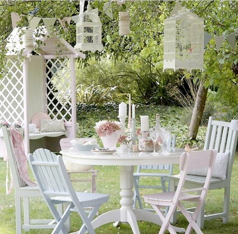garden tea party, table, chairs, garden, nature, tea party, HD wallpaper