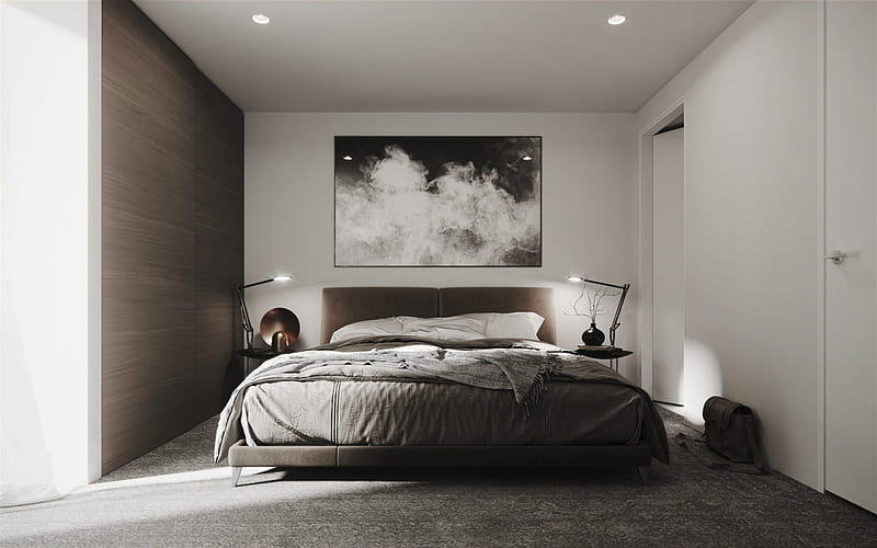stylish bedroom interior design, dark wood panels on the wall, bedroom, modern interior design, painting on the wall with smoke, HD wallpaper