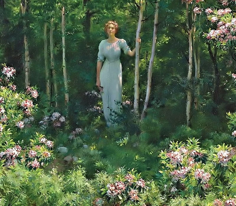 The Edge of the Woods, Charles Courtney Curran, pretty, Woman, Painting, Art, HD wallpaper