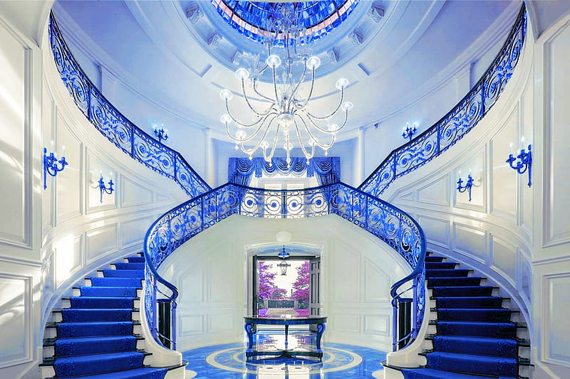 Dual Staircase, Staircase, Stairs, House, Blue, Elegant, HD wallpaper