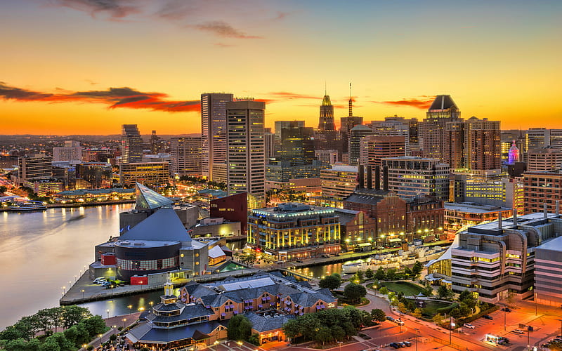 Baltimore, sunset, american cities, Maryland, R, modern buildings, America, Cities of Maryland, Baltimore skyline, USA, City of Baltimore, HD wallpaper