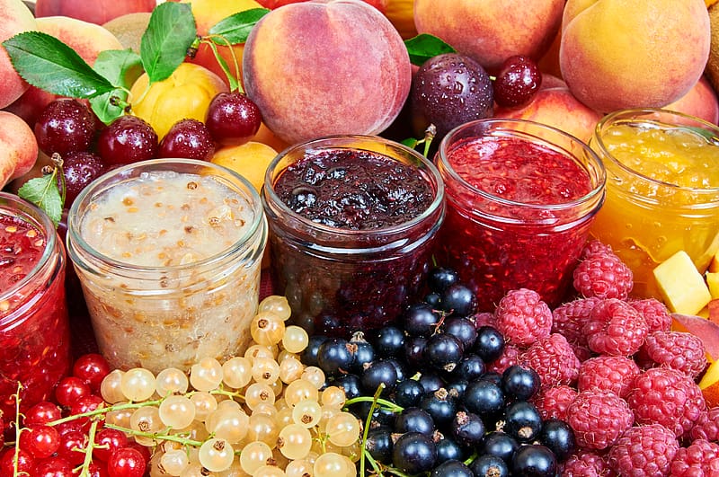 Fruits, Food, Raspberry, Berry, Fruit, Jar, Jam, Peach, Currants, HD wallpaper