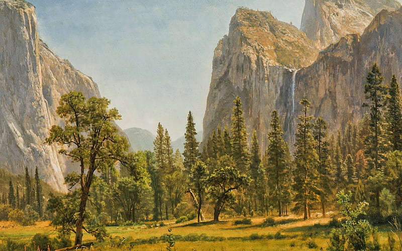 rocks, mountains, waterfalls Bridalveil Fall, USA, Yosemite California Albert Bierstadt, HD wallpaper