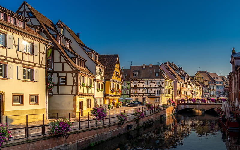 Town in Alsace, France, France, streetscape, canal, houses, HD wallpaper