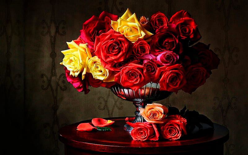 red roses, vase with roses, red flowers, roses, bouquet of roses, beautiful flowers, HD wallpaper