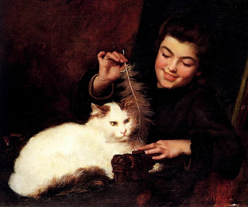 Antoine Jean Bail ~ Lady and the white cat, artist, art, cat, antoine jean bail, animal, play, cute, white fur, feather, lady, pinting, HD wallpaper