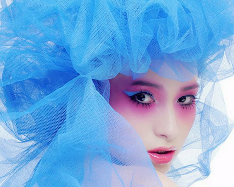 Artistic Woman, make up, face, woman, tulle, blue, HD wallpaper