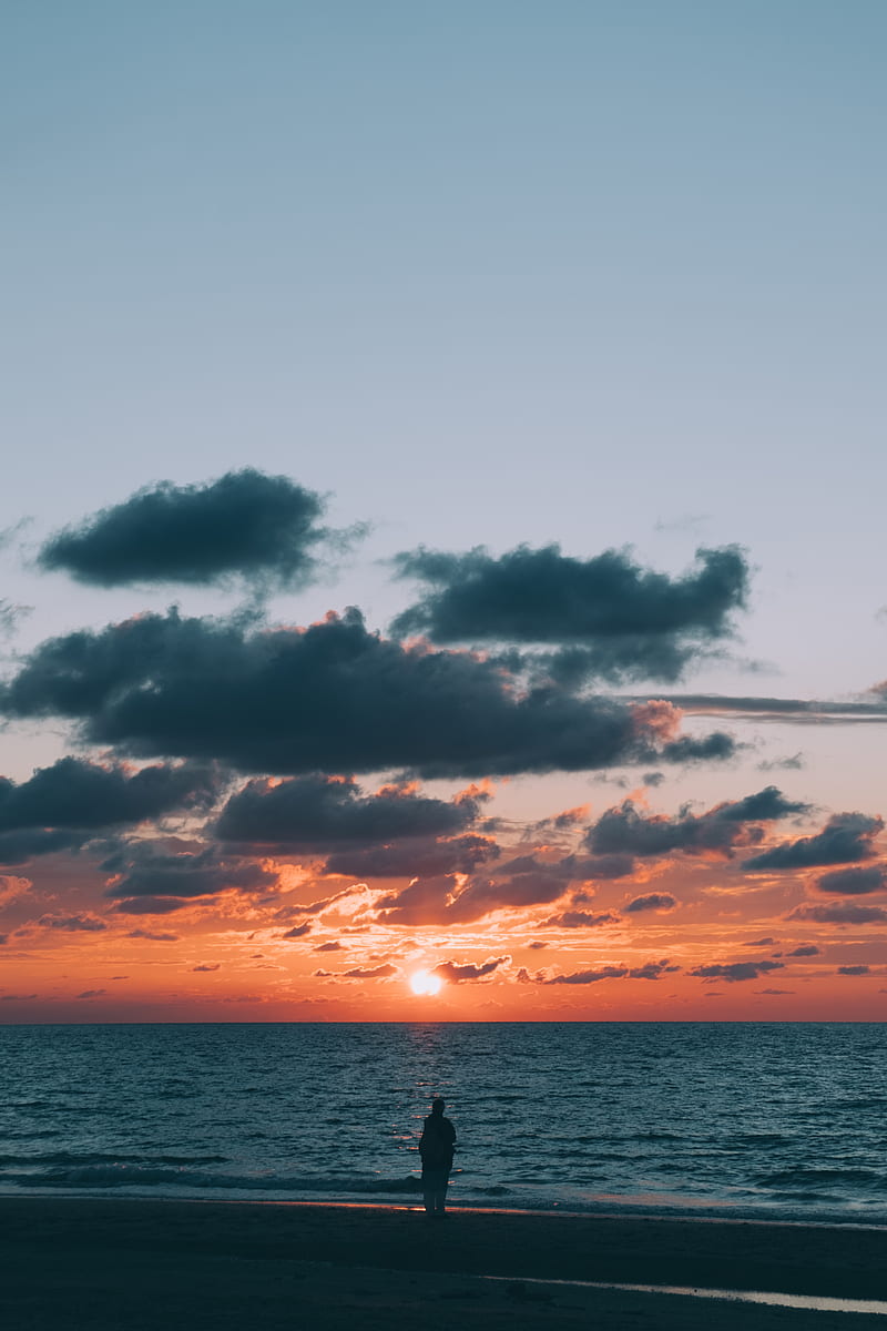 sunset, sea, silhouette, horizon, solitude, loneliness, HD phone wallpaper
