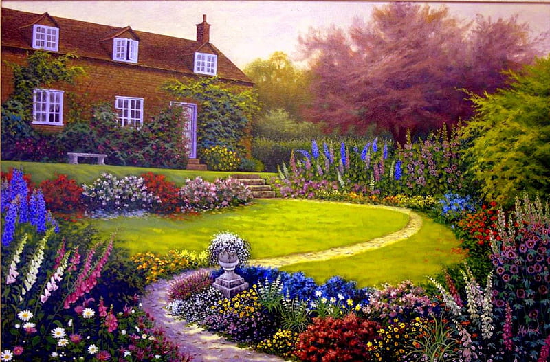 Autumn Country House Garden, autumn, house, england, flowers, trees, garden manor, HD wallpaper