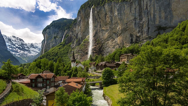 Waterfalls At Lauterbrunnen, Switzerland, sky, cascade, rocks, mountains, river, landscape, church, houses, trees, clouds, village, HD wallpaper
