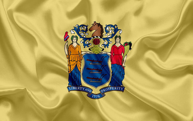 New Jersey State Flag, flags of States, flag State of New Jersey, USA, state New Jersey, yellow silk flag, New Jersey coat of arms, HD wallpaper