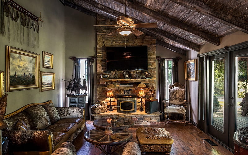 fireplace, living room, coffee table, sofa, HD wallpaper
